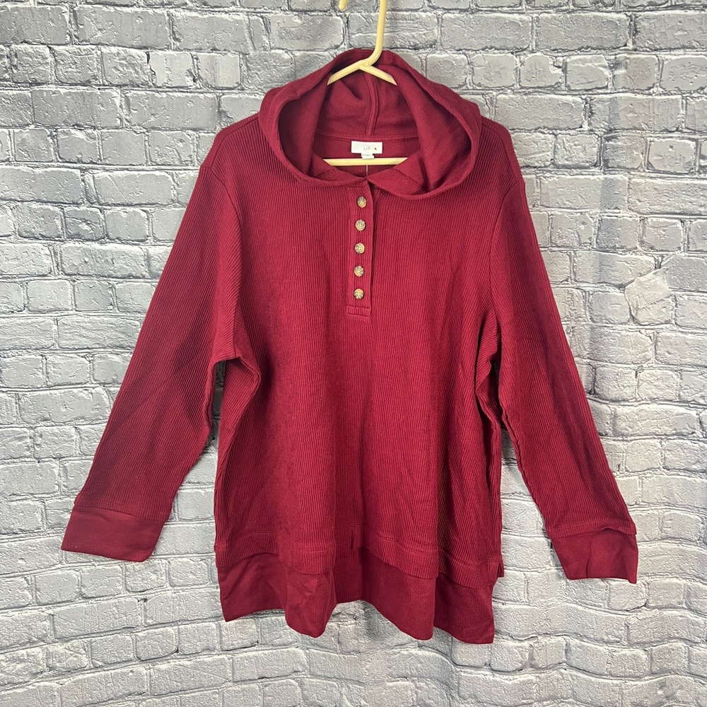 J. Jill Henley Hoodie Women 2X Burgundy Red Ribbed Knit Long Sleeve Top